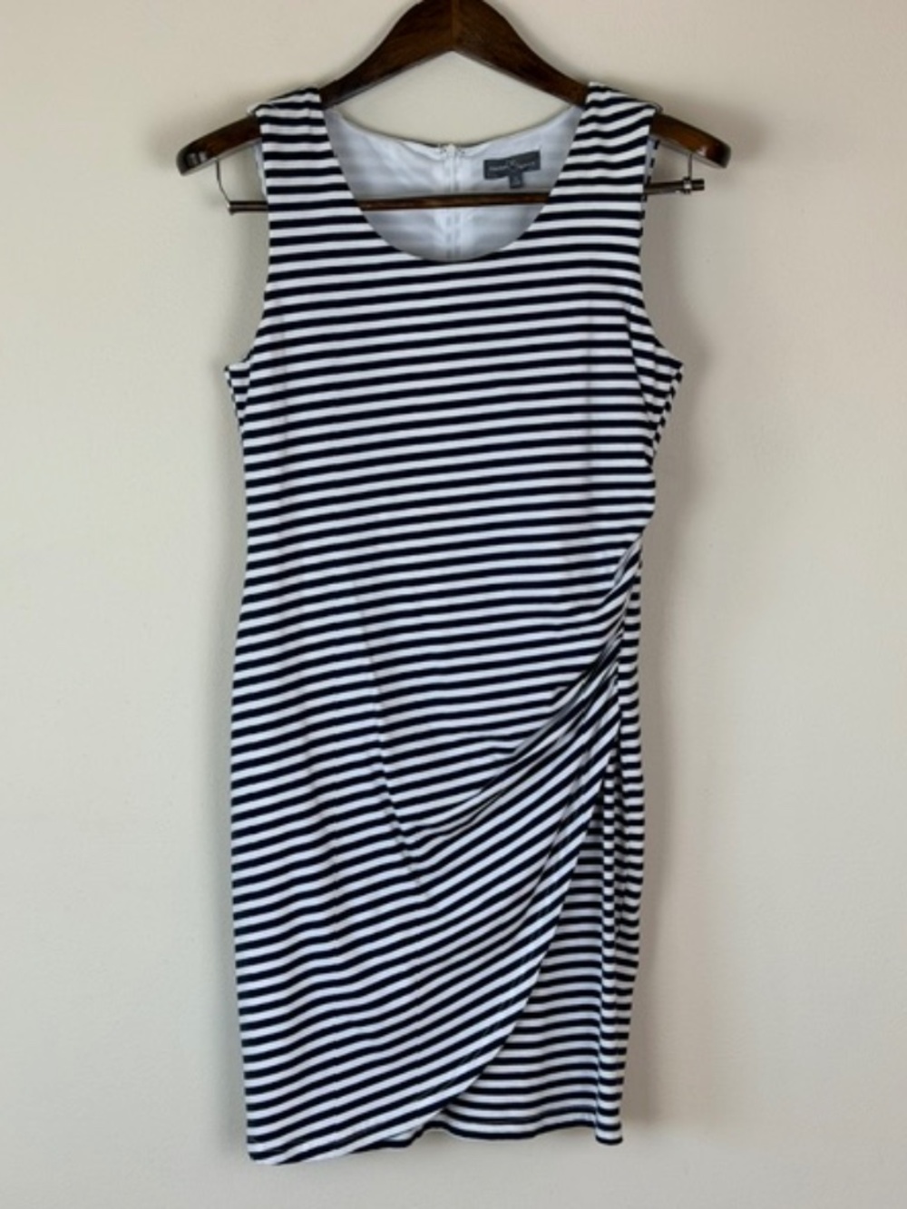 White & Navy Striped Faux Wrap Sleeveless Dress Casual Coastal Beach Women's Med